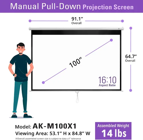 Miniatura 6 de Pantalla de proyector AKIA SCREENS de 100 pulgadas, pantalla de caída manual B 16:10 8K 4K HD 3D, montaje en techo y pared, pantalla de proyección