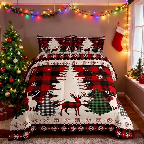 Miniatura 46 de Juego de edredón de Feliz Navidad para niños, tamaño twin, juego de ropa de cama de camión rojo árboles de pino copos de nieve, decoración