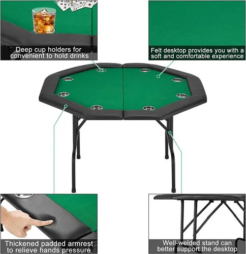 Miniatura 4 de ECOTOUGE Mesa de Póquer Plegable, Mesa de Juego de Texas Holdem de Ocio de Casino con Patas de Metal y Portavasos de Acero Inoxidable, Mesa de Juego
