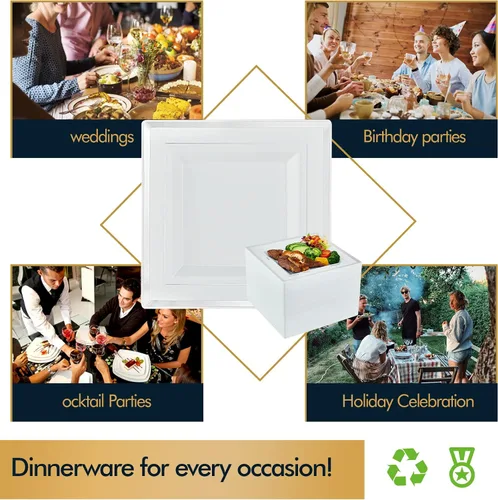 Miniatura 4 de Vplus 90 piezas de 9.5 pulgadas de platos de plástico plateado desechables, elegantes y duraderos de color blanco, platos de plástico para cenas