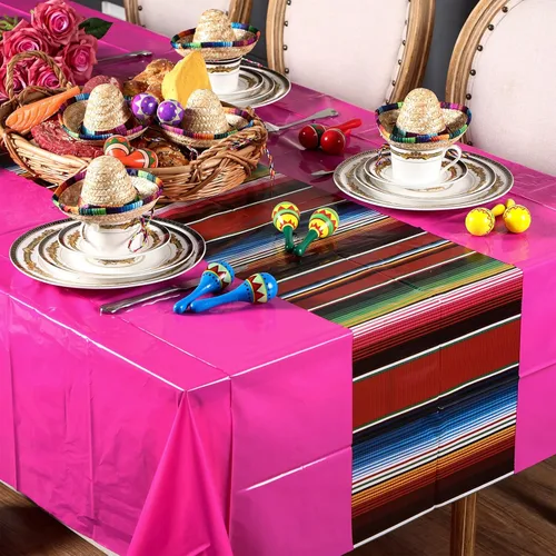 Miniatura 4 de Hosuly Mantel de plástico para fiesta mexicana, 6 unidades, 54 x 108 pulgadas, mantel de plástico a rayas para decoración de fiesta mexicana