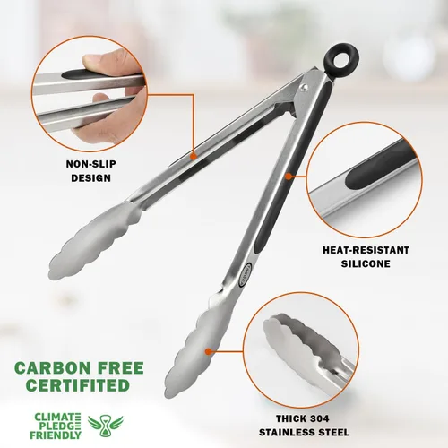 Miniatura 5 de TACGEA Pinzas de cocina de acero inoxidable, agarre antideslizante de silicona, pinzas de bloqueo para alimentos a la parrilla, juego de 2, 9