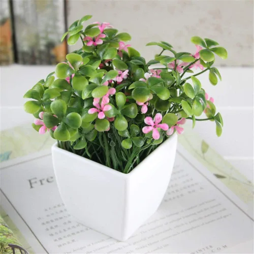 Miniatura 9 de Trébol cuadrado pequeño de cuatro hojas + flor (blanco) planta falsa en maceta artificial Bonsái Planta de plástico para el hogar, baño, hogar