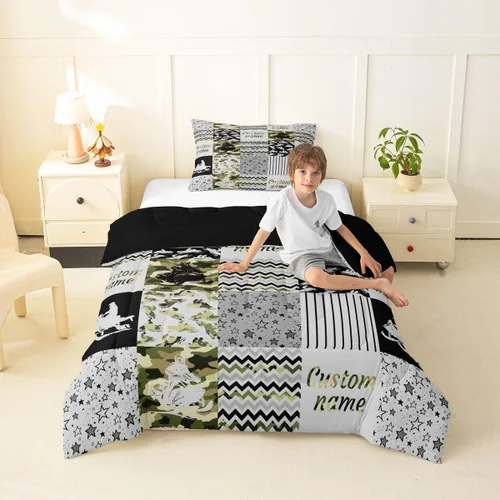 Miniatura 84 de Juego de edredón de softbol personalizado, juego de ropa de cama de retazos a cuadros para niños y niños, edredón de bate de béisbol, juego
