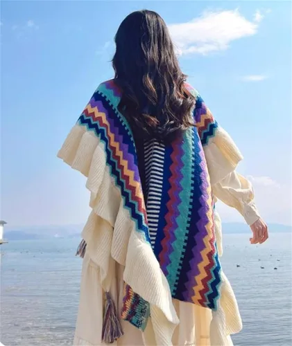 Miniatura 6 de SXLINGDO Poncho cruzado frontal tipo suéter de punto elegante capa de chales, cárdigan bohemio con borla para mujer