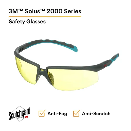 Miniatura 3 de 3M Gafas de seguridad, serie Solus 2000, revestimiento antivaho Scotchgard, antiarañazos, lente ámbar, patillas gris/azul-verde