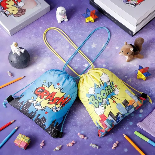 Miniatura 6 de Clabby 12 mochilas con cordón para fiesta de héroes a granel, bolsas de regalo, bolsas de regalo de cómics Boom para fiesta de cumpleaños