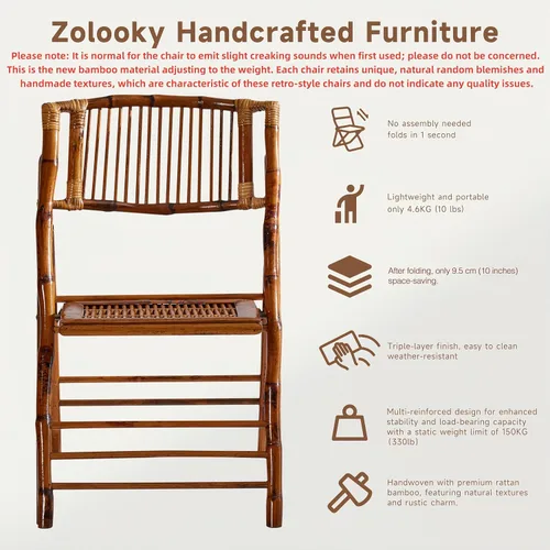 Miniatura 5 de Silla plegable de bambú, silla de comedor vintage plegable completamente mejorada con 330 libras hecha a mano para sala de estar, patio, jardín