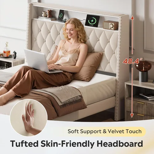 Miniatura 4 de WLIVE Base de cama tapizada de tamaño matrimonial con cabecera de ala de 48 pulgadas de alto, cama cuadrada de terciopelo con estación de carga