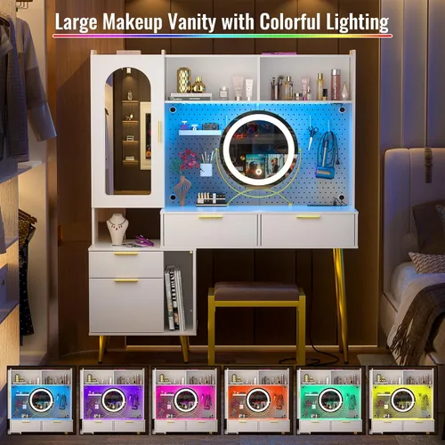 Miniatura 4 de Armocity Tocador de maquillaje de 48 pulgadas con aparador, tocador de dormitorio blanco con estación de carga y LED, mesa de tocador alta