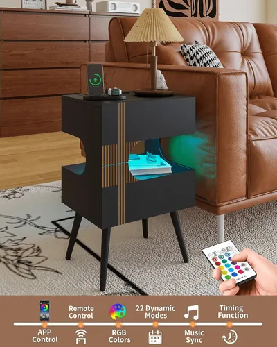 Miniatura 4 de JOONEE Mesita de noche negra con estación de carga y luces LED, moderna mesita de noche con 2 cajones de almacenamiento, mesita de noche con patas