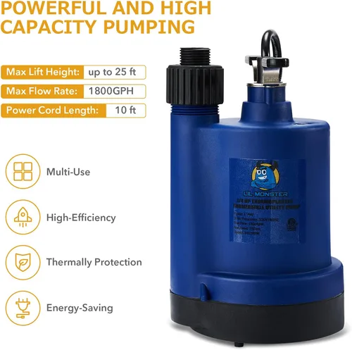 Miniatura 3 de Bomba de agua sumergible para uso general, termoplástica de 1/4 HP, eliminación de agua eléctrica portátil para sótanos, espacios de arrastre