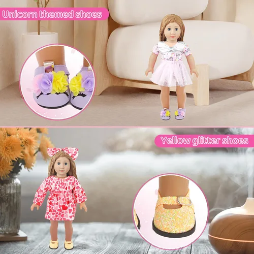 Miniatura 3 de MSYO 6 pares de zapatos de muñeca de estilo aleatorio de 18 pulgadas, calzado de muñeca de moda surtido, zapatos planos, botas y zapatos
