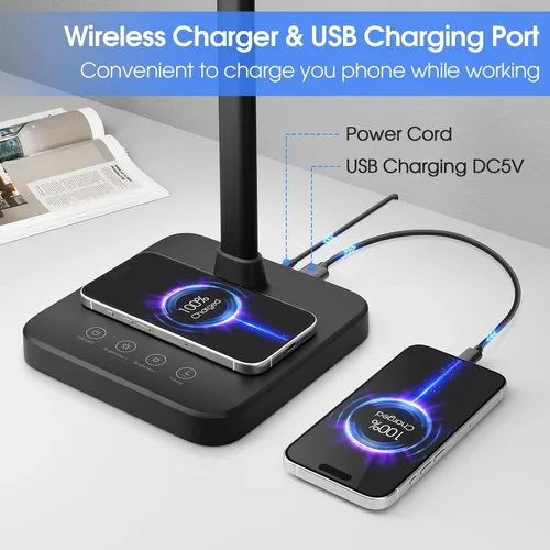 Miniatura 2 de ShineTech Lámpara de escritorio LED para oficina en casa, luz de escritorio de doble cabezal de 24 W con carga inalámbrica, puerto USB, 25 modos