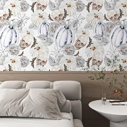 Miniatura 2 de ReWallpaper Papel tapiz gris y blanco con diseño de calavera, calabaza, papel tapiz gótico para despegar y pegar, papel de pared para dormitorio