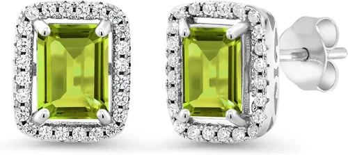 Miniatura 5 de Gem Stone King Aretes de plata de ley 925 con piedra natal Corte esmeralda de 0.315 x 0.236 in Aretes de halo para mujer