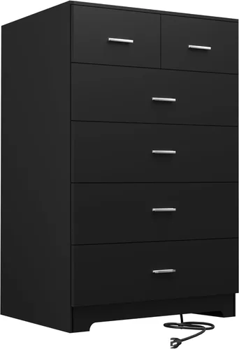 Miniatura 16 de FJTJBSI Cómoda con Tomas de Corriente de Madera de 6 Cajones con Organizador Grande Blanco Organizador de Almacenamiento Alto con Riel de Metal Liso