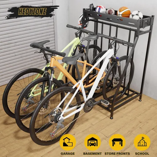 Miniatura 7 de Soporte de 3 bicicletas estable para bicicletas, garaje con cestas de almacenamiento para interiores, estante de almacenamiento de bicicletas