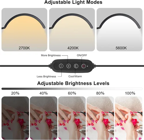 Miniatura 3 de Half Moon Desk Lash Light with 2X Magnifier, 2-in-1 Dual Arm Gooseneck Clamp Lamp for Eyelash Extension, Shadow-Free Esthetician Light, Adjustable