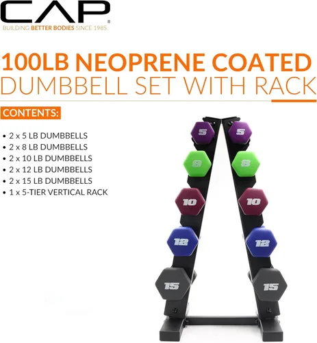 Miniatura 2 de CAP Barbell Juego de mancuernas de neopreno de 100 libras con serie de colores de estante pares de 5, 8, 10, 12 y 15 libras
