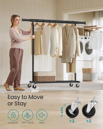 Miniatura 5 de SONGMICS Perchero con ruedas, perchero resistente para colgar ropa, portátil, 17.7 x (36.2-52) x 63.6 pulgadas, con riel extensible, capacidad
