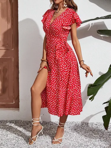 Miniatura 5 de WDIRARA Vestido midi cruzado de cintura alta con cuello en V y estampado floral para mujer