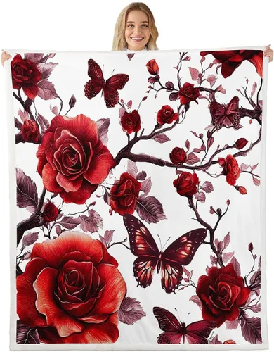 Miniatura 14 de Manta de franela azul rosa para todas las estaciones, manta de cama gótica de mariposa para decoración del hogar kawaii, manta rústica con flores