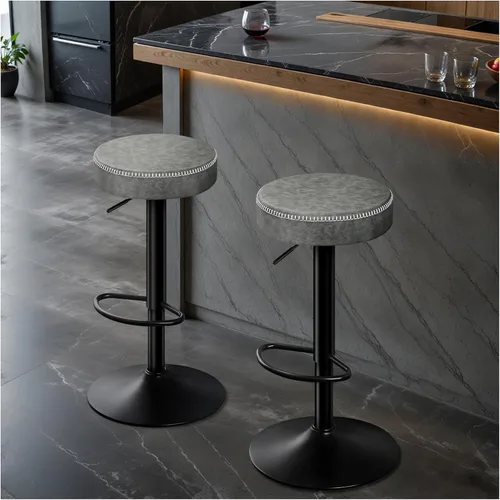 STOOLINK Juego de 2 taburetes de bar ajustables sin respaldo de cocina con asiento redondo, taburetes de bar giratorios de 360° de altura de Gris