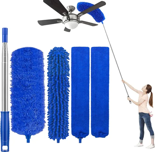 UIMO Kit de plumero de microfibra 5 en 1 para quitar el polvo y la limpieza, poste de extensión de 30 a 100 pulgadas, agarre antideslizante, Azul