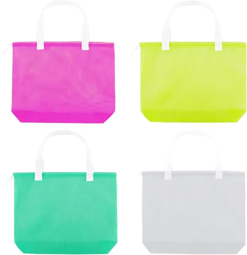 Miniatura 9 de Paquete de 4 bolsas reutilizables de malla colorida para la playa, bolsa de compras de malla con cordón para viajes, juguetes, regalo o lavandería