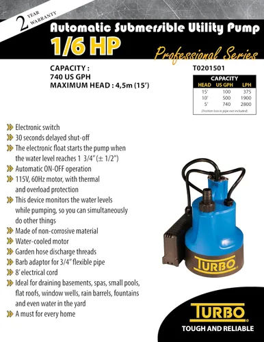 Miniatura 4 de Turbo Bomba sumergible de utilidad 1/6HP con interruptor electrónico
