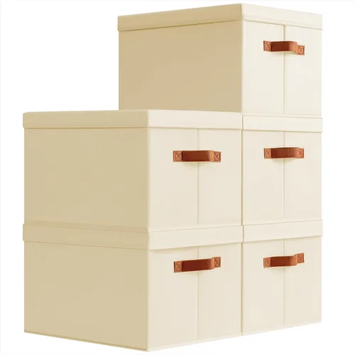 Miniatura 20 de Homsorout Contenedores de almacenamiento con tapas, cestas de almacenamiento de tela para estantes, paquete de 4 cajas decorativas plegables