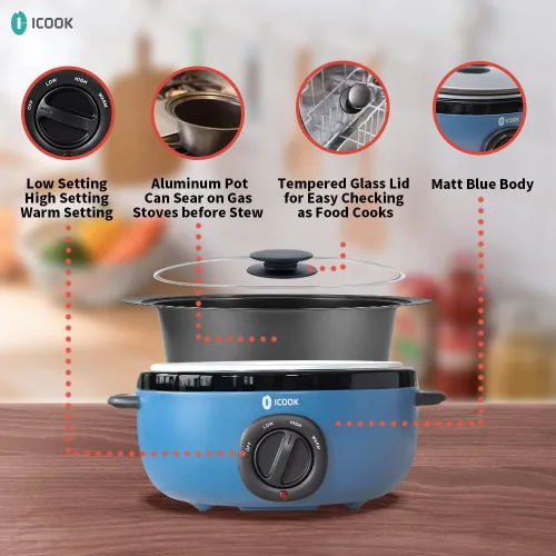 Miniatura 4 de ICOOK USC-65-OP001BL - Olla de cocción lenta de 6.5 cuartos de galón, olla de estofado con función de sellado/salteado en aluminio apta para estufa