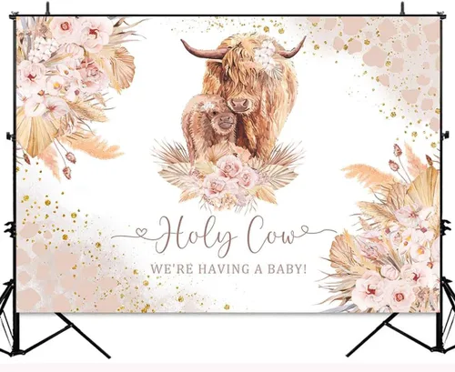 Miniatura 3 de Fondo bohemio de vaca santa para baby shower, vaca de las tierras altas, con texto en inglés "We are Having A Baby", diseño floral bohemio de hierba