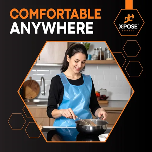 Miniatura 6 de Xpose Safety 100 delantales desechables de plástico azul para cocinar y más empaquetados individualmente, duraderos de 1 mil, polietileno