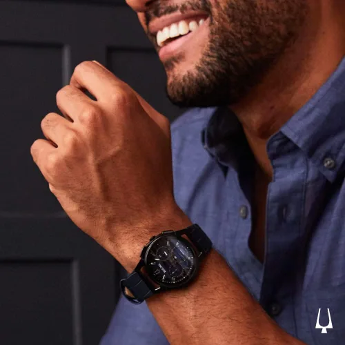 Miniatura 4 de Bulova CURV - Reloj cronógrafo con correa de cuero azul para hombre 98A232, Blanco, Cronógrafo
