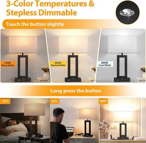 Miniatura 2 de Kondras Juego de 2 lámparas de mesa para dormitorios, 3 temperaturas de color, control táctil, lámparas de noche con 2 puertos USB y salida de CA