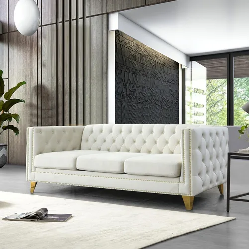 Miniatura 14 de Sofá de terciopelo de 3 plazas, cómodos sofás para sala de estar, sofá moderno con respaldo copetudo y decoración de remaches, sofá largo tapizado