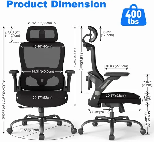 Miniatura 2 de Silla de oficina ergonómica, silla de escritorio con respaldo alto con brazos abatibles, reposacabezas, soporte lumbar ajustable, bloqueo