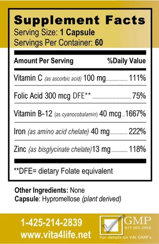 Miniatura 2 de Vita4Life!® Suplemento de hierro para apoyo diario Formulado para absorción Suave con el estómago Sin rellenos con vitamina C y B12