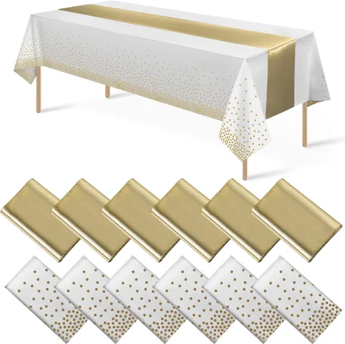 Miniatura 26 de 8 paquetes de manteles de plástico desechables y juego de camino de mesa de satén negro con dorado, mantel de satén dorado para graduación, boda