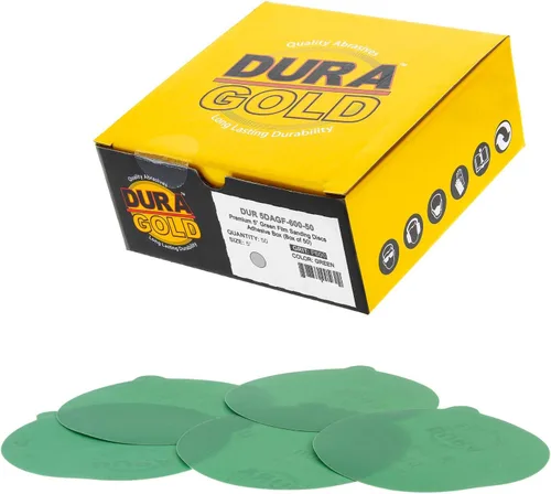 Miniatura 11 de Dura-Gold Discos de lija PSA de película verde de 5 pulgadas, grano 180 (caja de 50), discos de papel de lija autoadhesivos con parte trasera