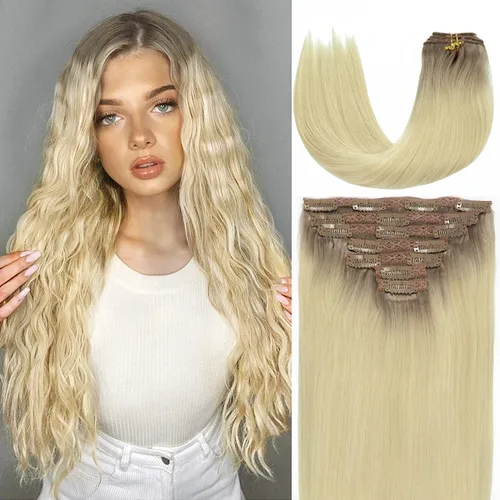 Miniatura 12 de Caliee Extensiones de cabello con pinzas de cabello humano 14 pulgadas Color 1 Negro azabache trama doble invisibles Extensiones de cabello humano