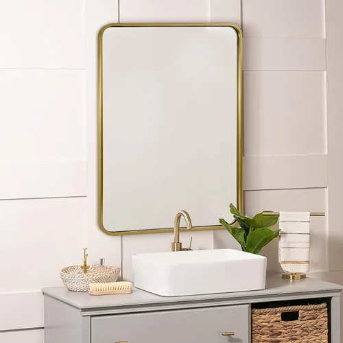 Miniatura 9 de ANDY STAR - Espejo de latón para baño, espejo rectangular redondeado de 22x30 pulgadas con marco de metal cepillado dorado, espejo de tocador
