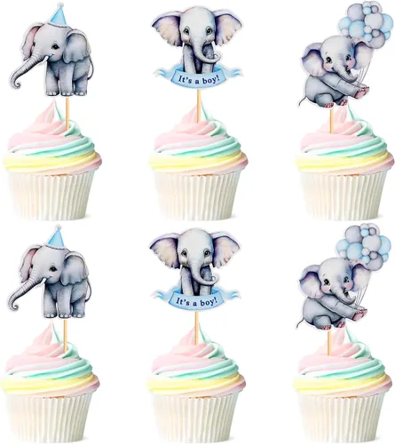 Miniatura 8 de 24 piezas de decoración de cupcakes de elefante azul para decoración de cupcakes con temática de elefante, baby shower, niños, niños o niñas