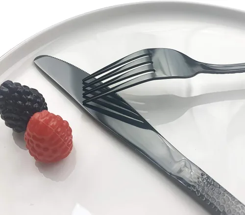 Miniatura 6 de JASHII Juego de cubiertos de 4 piezas de acero inoxidable negro forjado con mango martillado, servicio para 1 pulido de espejo, apto