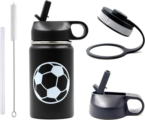 Miniatura 15 de Botella de agua de baloncesto de 12 onzas, botella de agua deportiva aislada al vacío de acero inoxidable con popote y 2 tapas, botella de agua