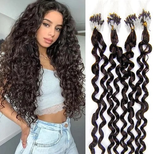 Micro Link - Extensiones de cabello rizado con micro anillo, punta de bucle, cabello humano Remy real, color marrón oscuro, 20 pulgadas, 100 s #02
