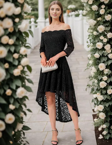 Miniatura 5 de Dressystar Vestido tipo cóctel, de encaje, para mujer, vestido irregular con vuelo y hombros descubiertos, para dama de honor, fiesta formal