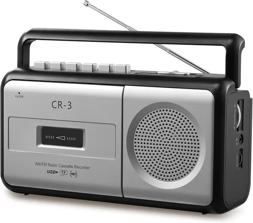 Reproductor de casete portátil Boombox Radio AM/FM estéreo, grabadora de cinta de casette vintage con altavoz y conector de auriculares de 0.138 in